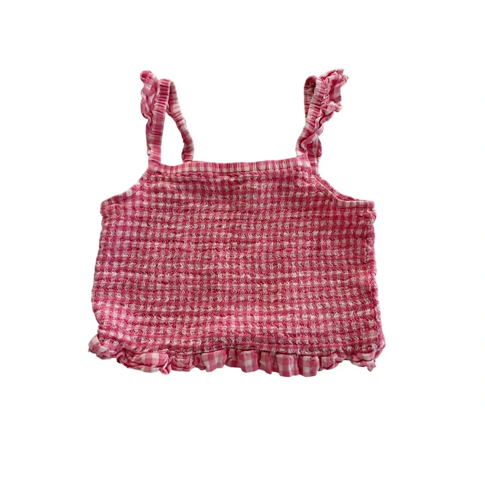 Old Navy Girls Pink Gingham Smocked Ruffle Cami Tank Top XL 14-16